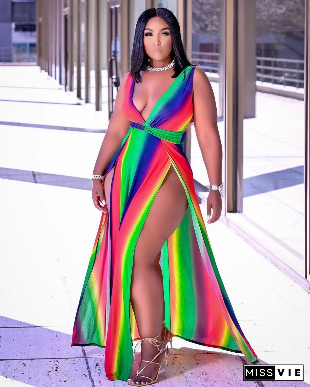 Rainbow Striped Bohemian Beach Plus Size Dresses