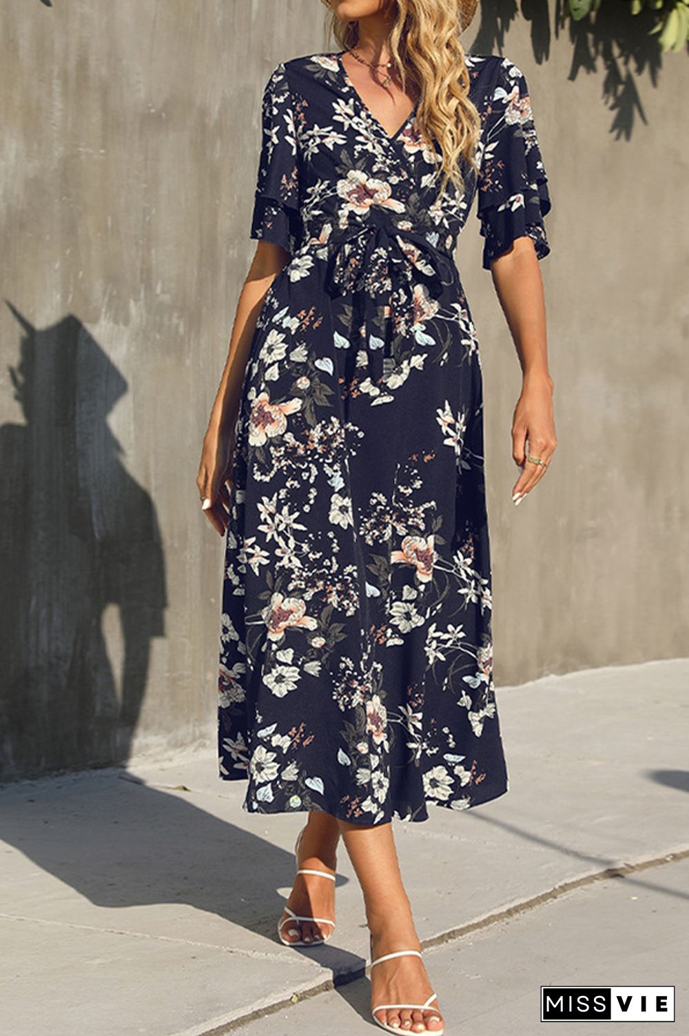 Floral Print V-neck Tie Waist Maxi Dress Wholesale