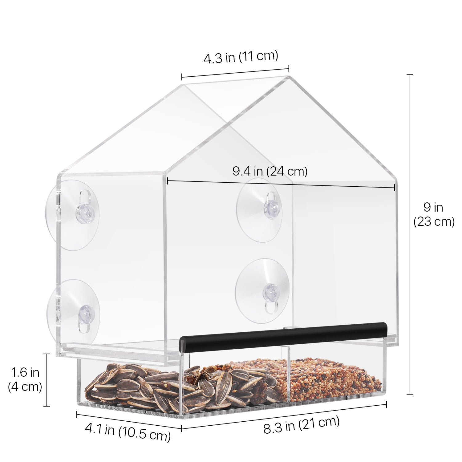 Window Bird Feeders with Strong Suction Cups， Acrylic Clear Bird House to View Large Wild Birds， Cardinal， Finch， and Chickadees， Removable Seed Tray with Drain Holes， Easy Clean， Great Gift