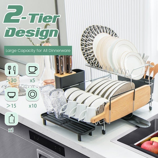 2-Tier Detachable Dish Rack with Drainboard and 360° Swivel Spout - 22