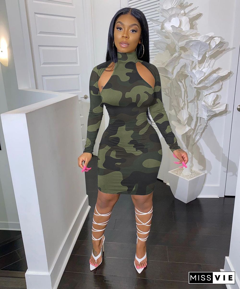 Fashion Women Camouflage Print Long Sleeve Midi Dress