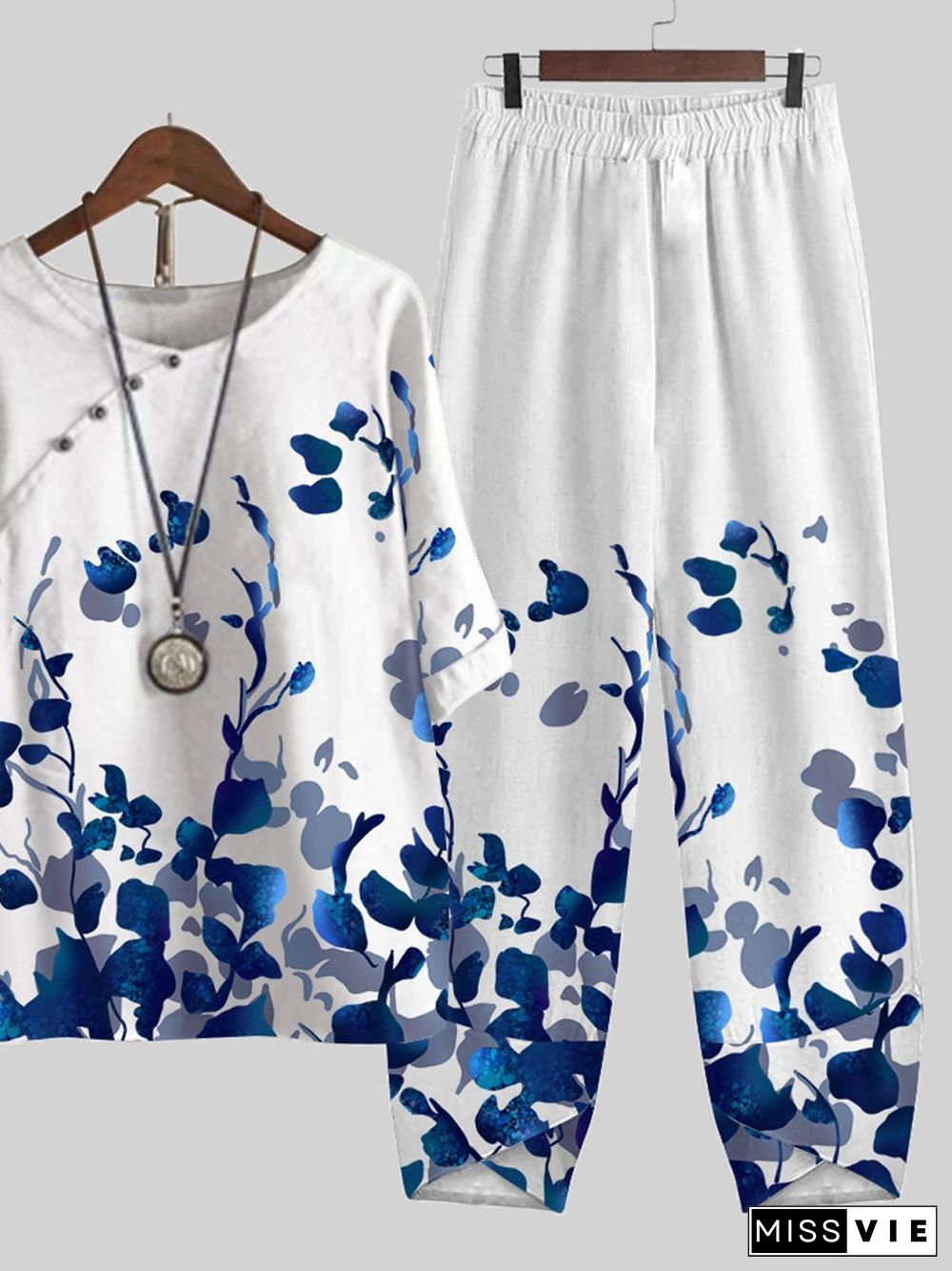 Blue Leaf Print Top And Pants Two-piece Suits