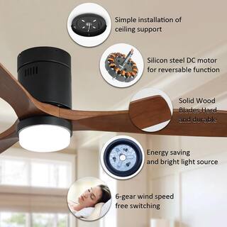 Sofucor 52 in. LED IndoorOutdoor Flush Mount Smart Matte Black Ceiling Fan with Wood Blades 6-Speed DC Remote Control ZSKBKN220209010