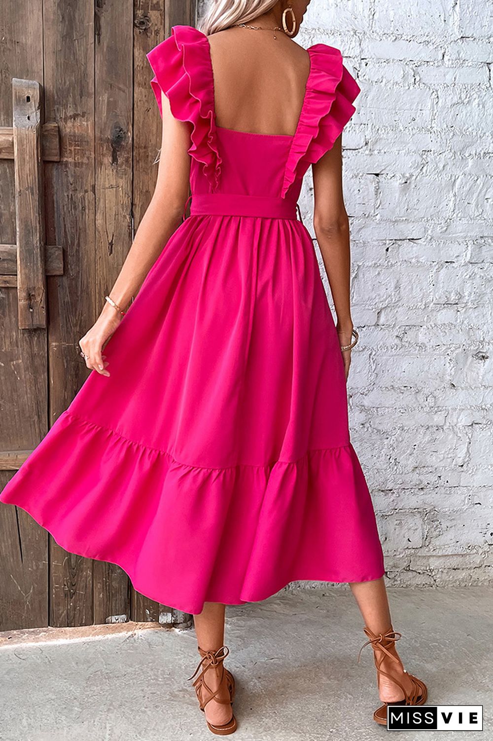 Rose Smocked Ruffles Midi Dress With Sash