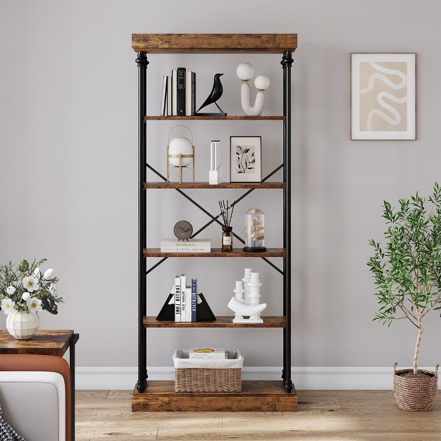 Trinity Industrial Bookshelf Wood Bookcase 6 Tier Storage Open Rack Shelf Metal Frame For Bedroom living Room And Home Office