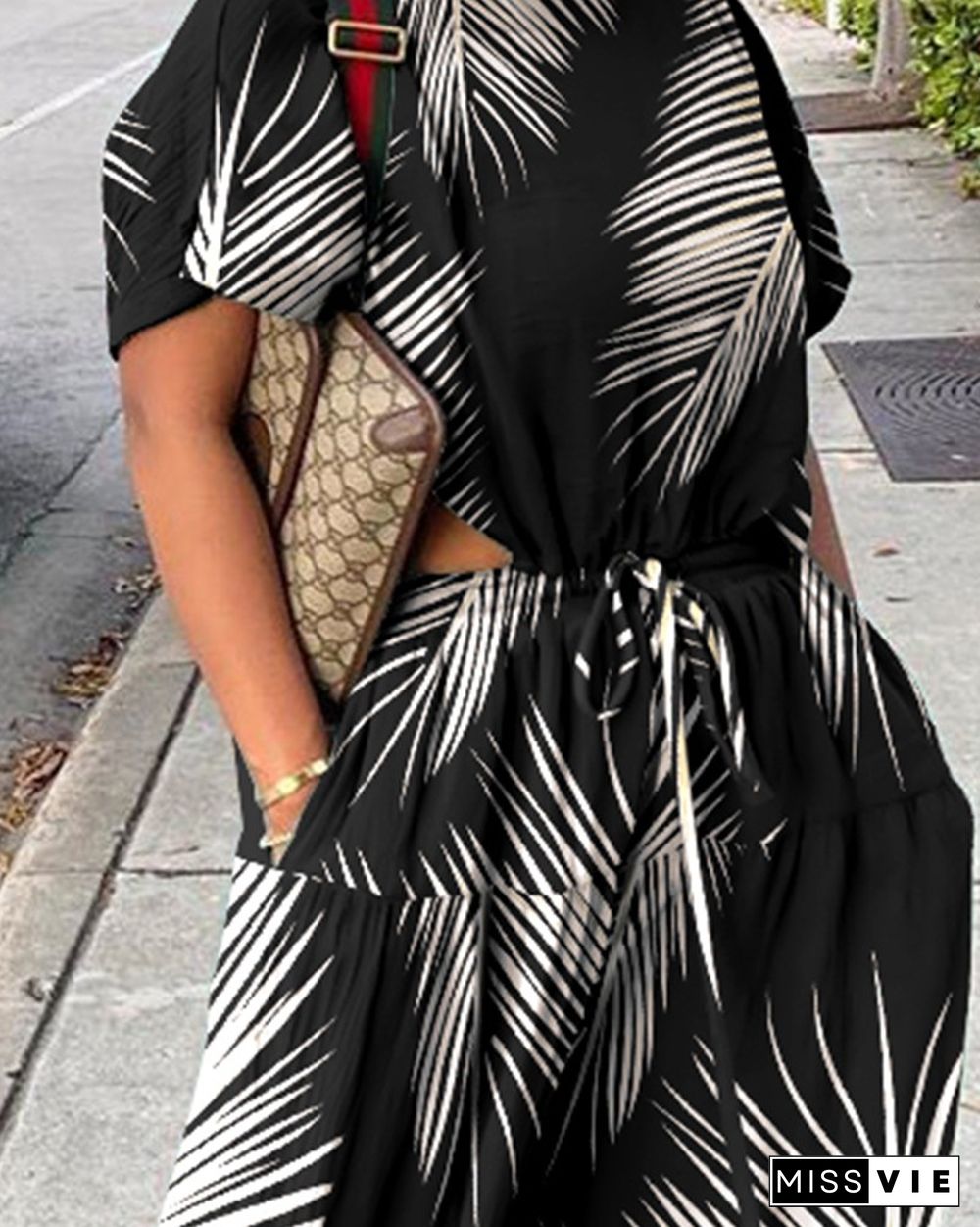 Leaf Print Short Sleeve Pocket Design Drawstring Jumpsuit