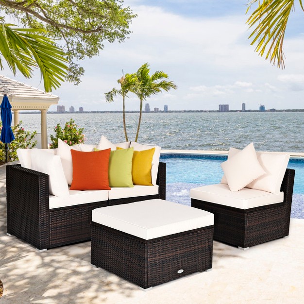 Tangkula 4pcs Patio Rattan Wicker Sectional Sofa Set Conversation Furniture Set W Cushion