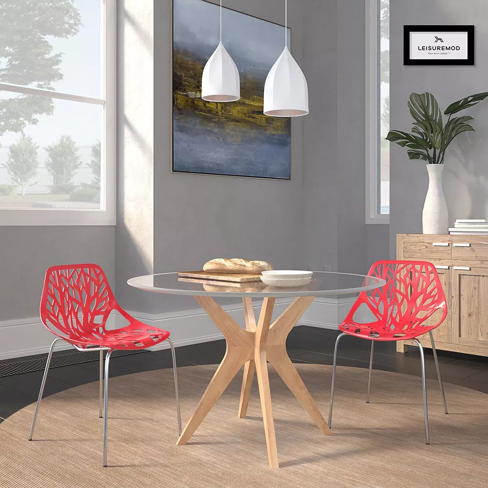 LeisureMod Modern Asbury Dining Chair with Chromed Legs， Set of 2 - Red