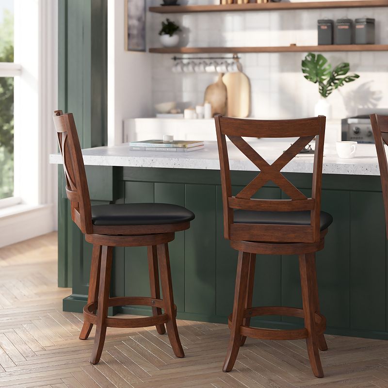 Merrick Lane Sora 24 Classic Wooden Crossback Swivel Counter Height Pub Stool with Upholstered Padded Seat and Integrated Footrest