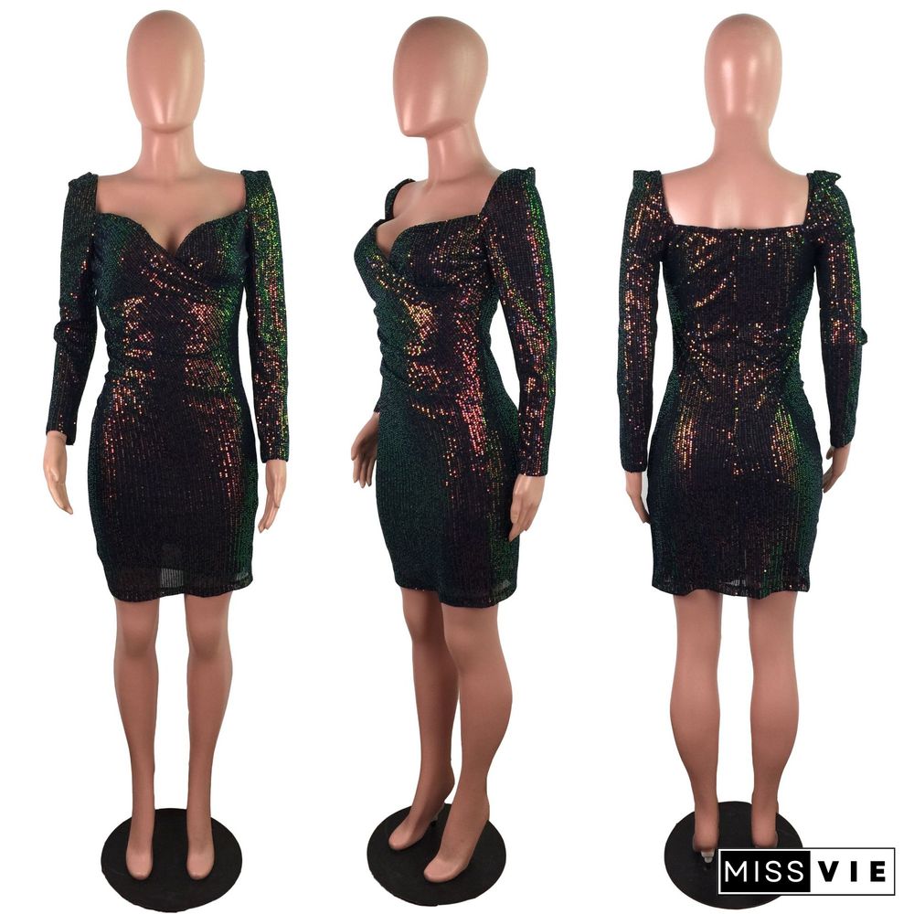 Women Elegant Sequin Long Sleeve Bodycon Mini Dress