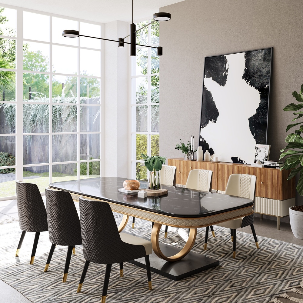 Modern Black Marble Dining Table for 6 10 with Rectangular Tabletop Dual Circle Base