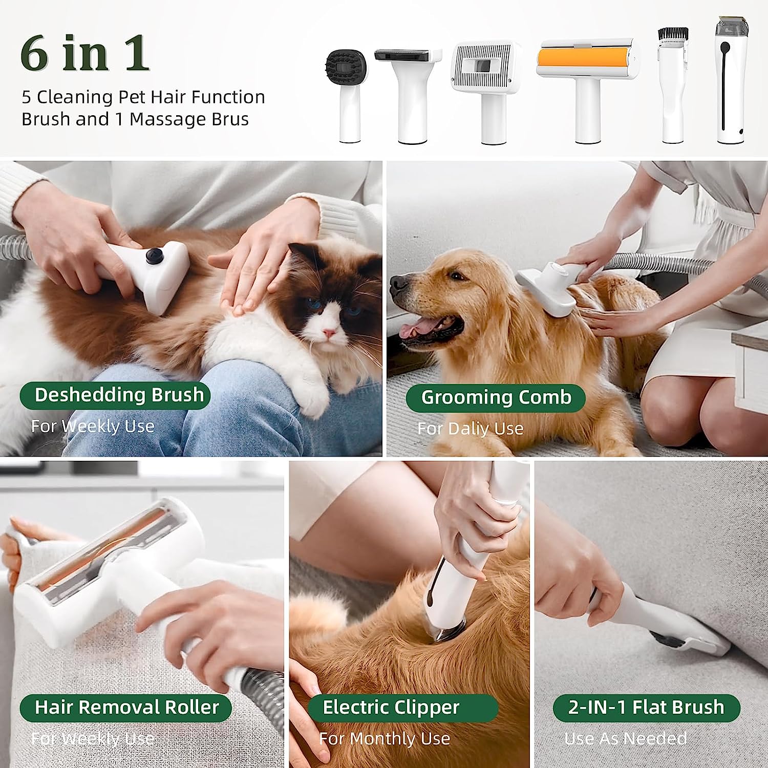 Pet Grooming Kit & Vacuum Suction 99% Pet Hair,6 in 1 Dog Grooming Vacuum Kit, 2.0L Capacity Easy Clean Dust Cup for Pet Hair,(Low Noise) Pet Shedding Grooming Tools for Dogs Cats at Home