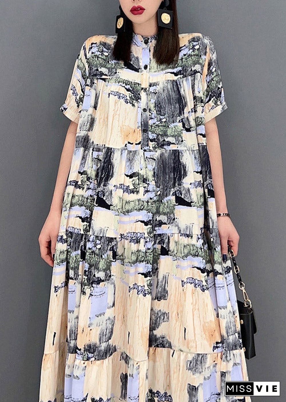 Elegant Stand Collar Button Print Patchwork Wrinkled Chiffon Long Dress Short Sleeve