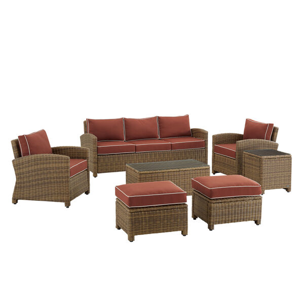 Bradenton Weathered Brown and Sangria Outdoor Wicker Sofa Set， 7-Piece