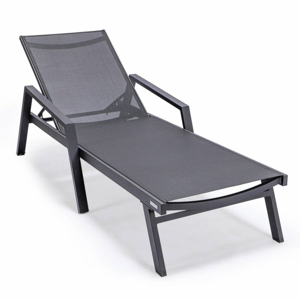 LeisureMod Marlin Chaise Lounge Chair With Arms Set of 2 with Fire Pit Table