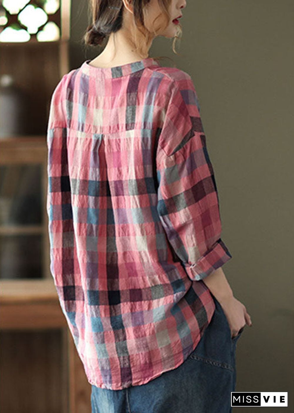 French Pink retro Plaid Button Fall Shirts Long sleeve