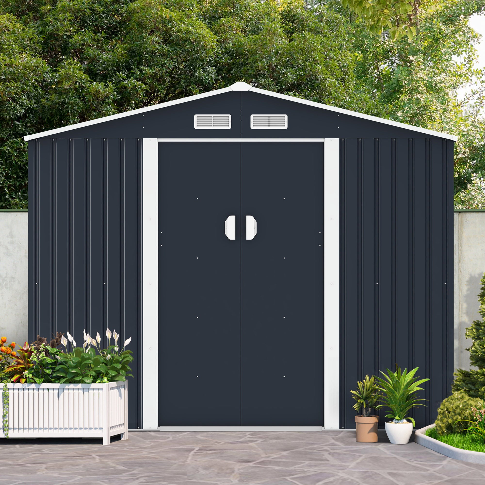 Jaxpety 6.3 x 9.1 ft Large Garden Storage Shed Galvanized Steel Outdoor Tool House with Sliding Door, Roof and 4 Vents, Dark Gray