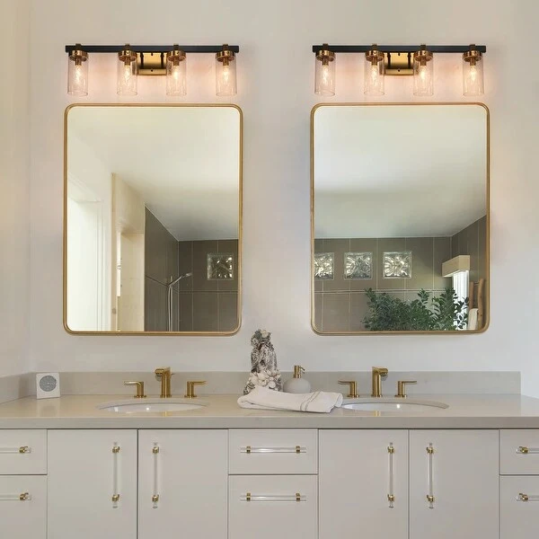 Modern 4-Light Gold and Black Bathroom Vanity Lighting with Clear Glass Shades - 28