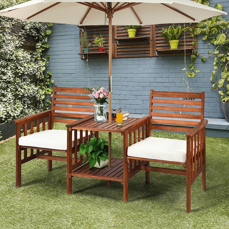 3 pcs Outdoor Patio Table Chairs Set Acacia Wood Loveseat