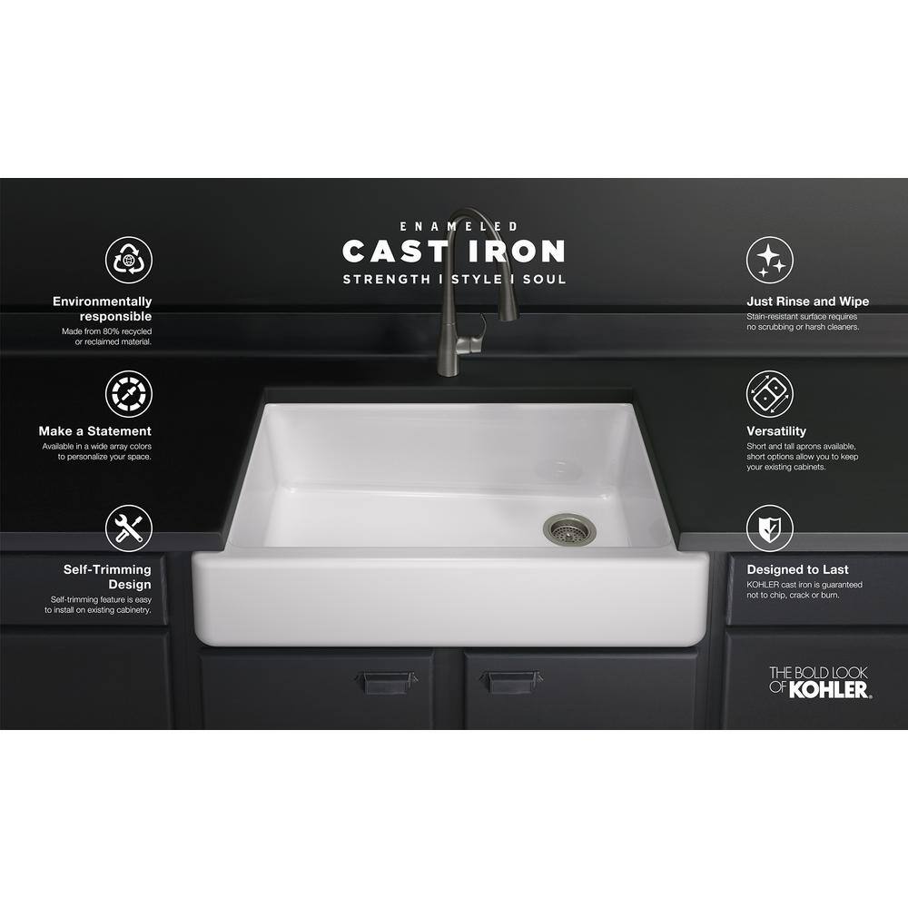 KOHLER Whitehaven Farmhouse Apron Front Cast Iron Self-Trimming 36 in. Single Basin Kitchen Sink in White with Basin Racks K-6488-0-6639-ST