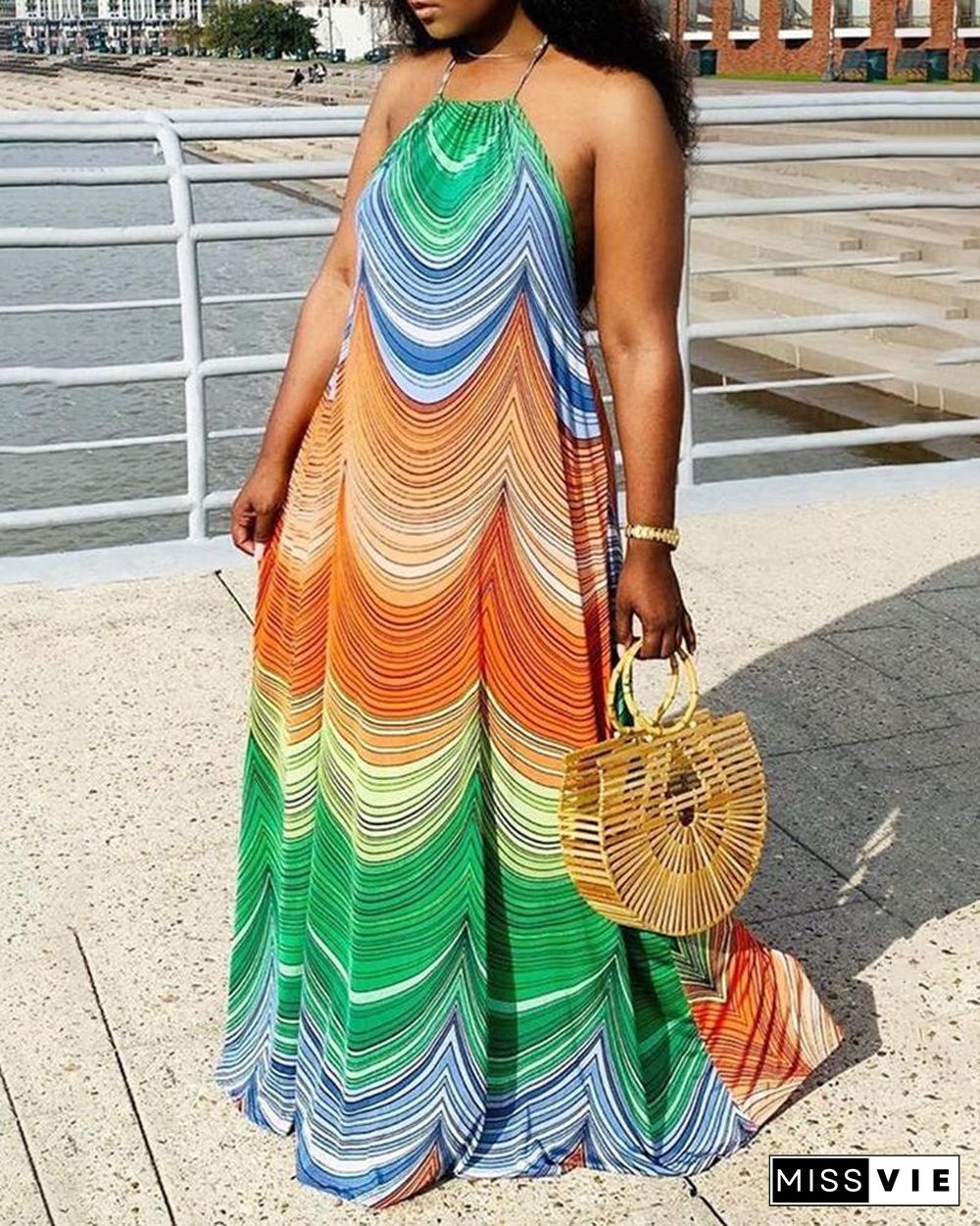 Colorblock Halter Sleeveless Maxi Dress