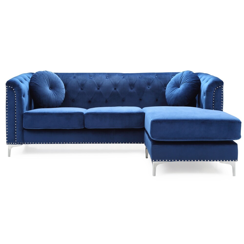 Pompano 83 in. Navy Blue Velvet L Shape 3 Seater Sofa with 2 Throw Pillow   83\