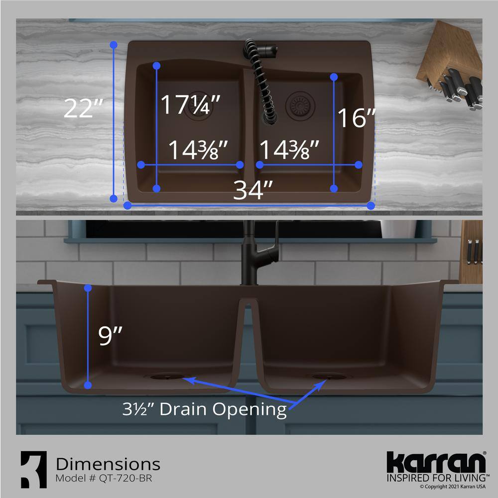 Karran QT-720 QuartzGranite 34 in. Double Bowl 5050 Top Mount Drop-In Kitchen Sink in Brown with Bottom Grid and Strainer QT-720-BR-PK1