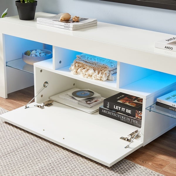 White Morden TV Stand with LED Lights， High Glossy Front TV Cabinet，Can be Assembled in Lounge Room， Living Room