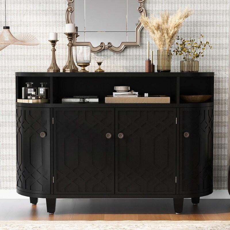 Curved Design Luxury Sideboard Storage Cabinet with 4 Doors and Adjustable Shelves  Buffet Cabinet with Storage for Entrances