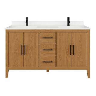 ART BATHE Vienna 60 in. W x 22 in. D Bath Vanity in White Oak Diamond Quartz Top with White Sink Power Bar and Drawer Organizer VA60WO