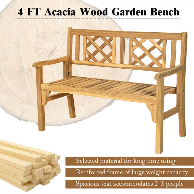 2-Person Foldable Wooden Bench Outdoor Patio Garden Park Bench Loveseat Chair with Curved Backrest & Armrest