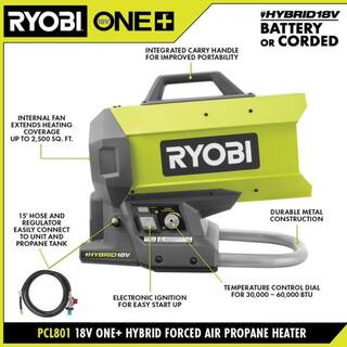 RYOBI ONE+ 18V Cordless Hybrid Forced Air Propane Heater (Tool Only)