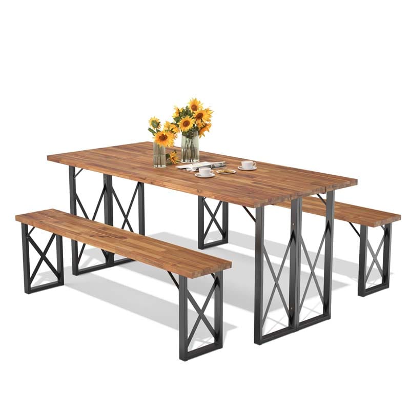 3 Pcs Acacia Wood Outdoor Picnic Table Bench Set with 2