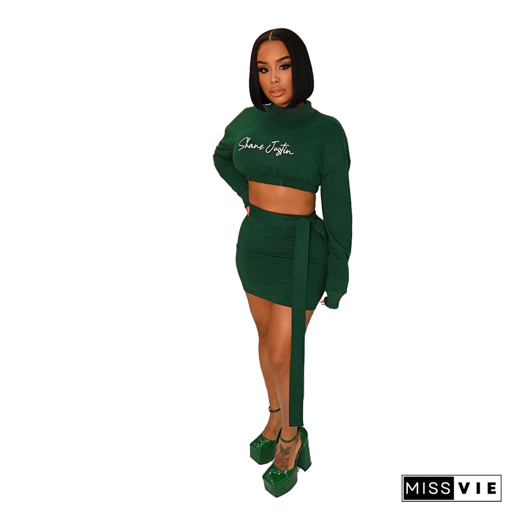 Embroidery Long Sleeve Crop Top Mini Skirt Set