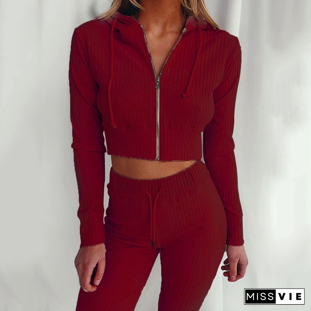 New Womens Tracksuit Zipper Sexy Long Sleeve Crop Tops Hoodies+Long Pants Two Piece Sets Sportwear Clothes 2 Piece Outfits Women