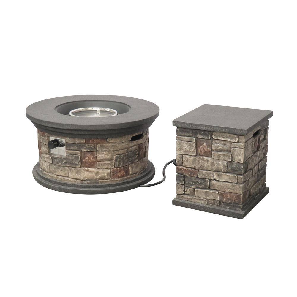 Noble House Chesney 16.25 in. x 19.75 in. Round Concrete Propane Fire Pit in Mixed Brown with Tank Holder 65830