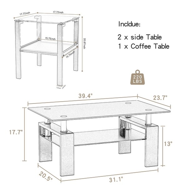 Glass Coffee Table and End Table Set， Living Room Table Set of 3，Transparent Table Set - as picture