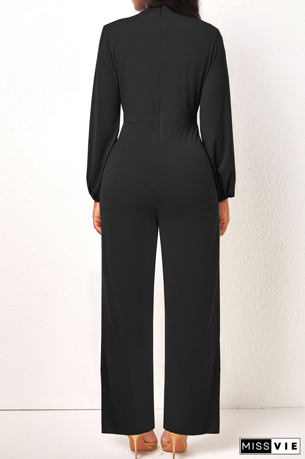 Black Casual Solid Patchwork Draw String O Neck Straight Jumpsuits