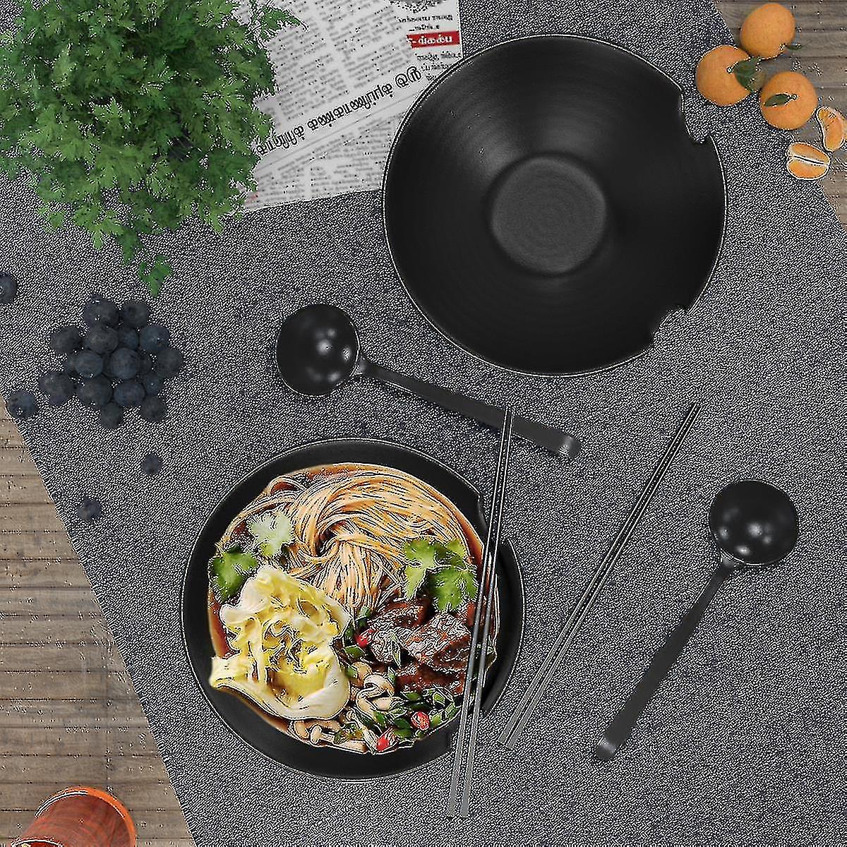 6-piece Ramen Bowl Set With 1000 Ml Filling Quantity - Crockery Set With Chopsticks And Spoon In Black-mxbc