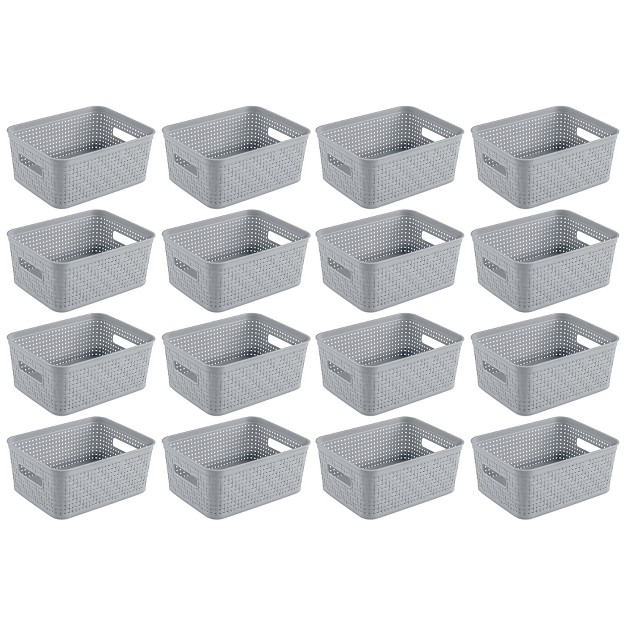 Sterilite 10x8x4 25 Inch Rectangular Weave Pattern Short Basket W Handles For Pantry Bathroom amp Laundry Room Storage Organization Cement 16 Pack