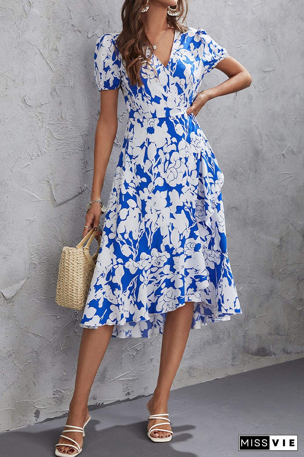 Floral Print Short Sleeve V Neck Midi Dress Wholesale