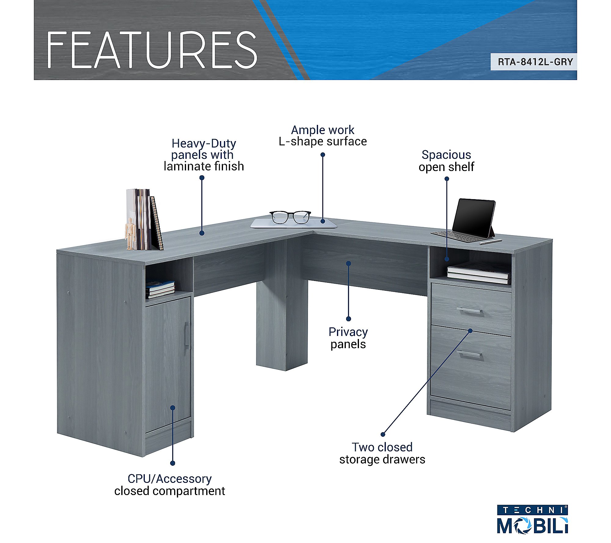 Techni Mobili Functional L-Shaped Computer Deskwith Storage