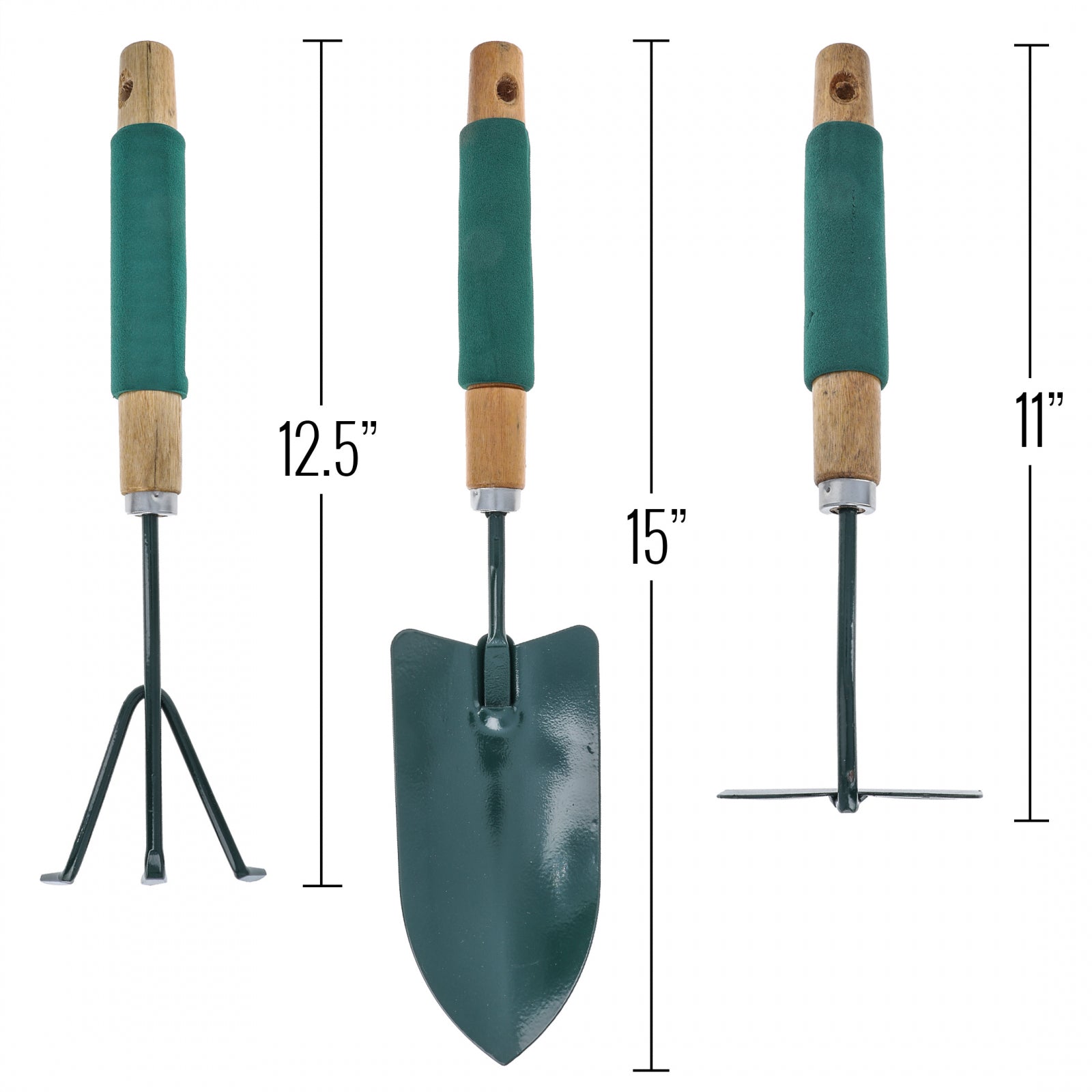 3pc ToolTreaux Wooden Steel Handheld Garden Tools Set Rake Shovel Hoe