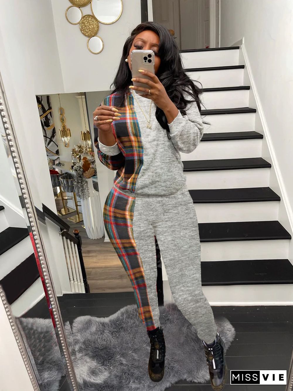 Plaid Patchwork Long Sleeve Sweatshirt Pencil Pants Set