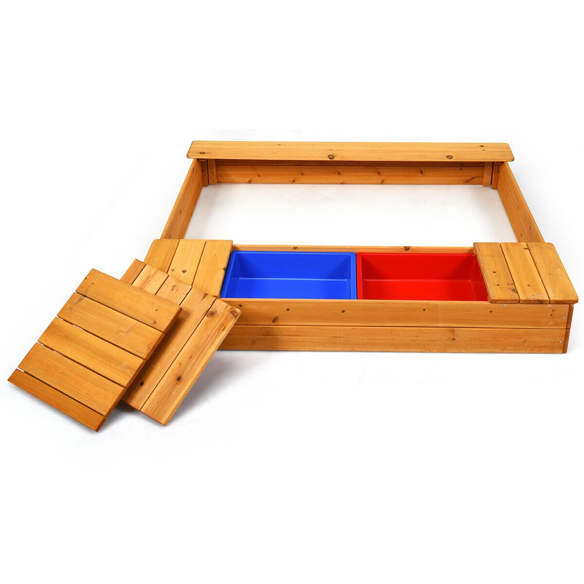 Kids Wooden Sandbox with Bench Seats & Storage Boxes