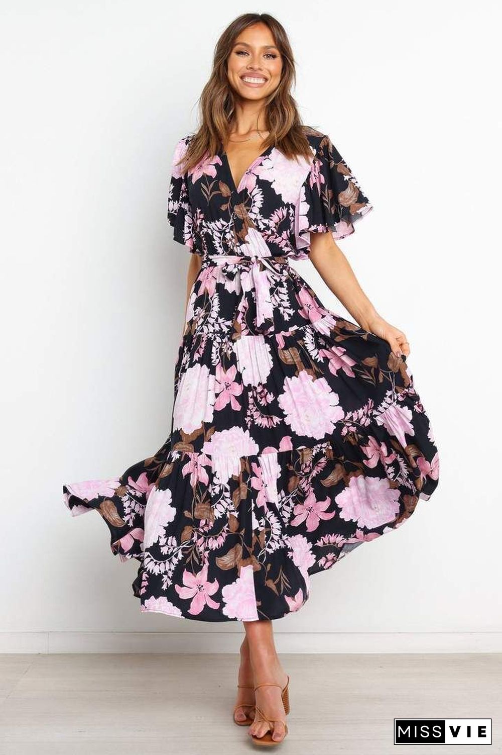 Floral V Neck Short Sleeve Maxi Dress