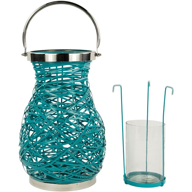 Turquoise Woven Metal Hurricane Pillar Candle Lantern