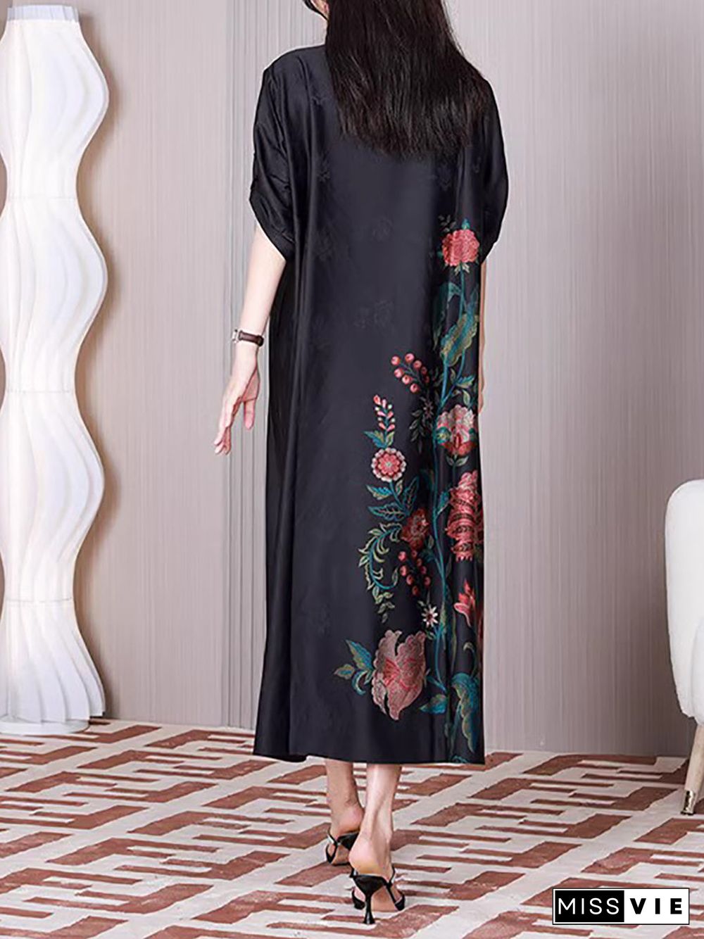 Plus Size Women Ethnic Flower A-shape Loose Dress