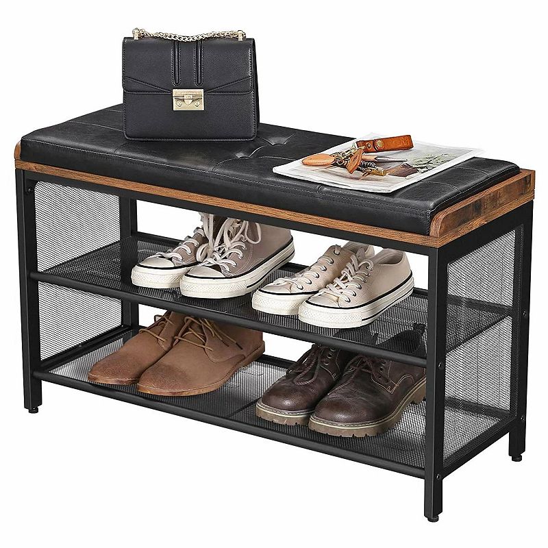 Black Metal Entryway Shoe Rack Storage Bench With Padded Seat Cushion