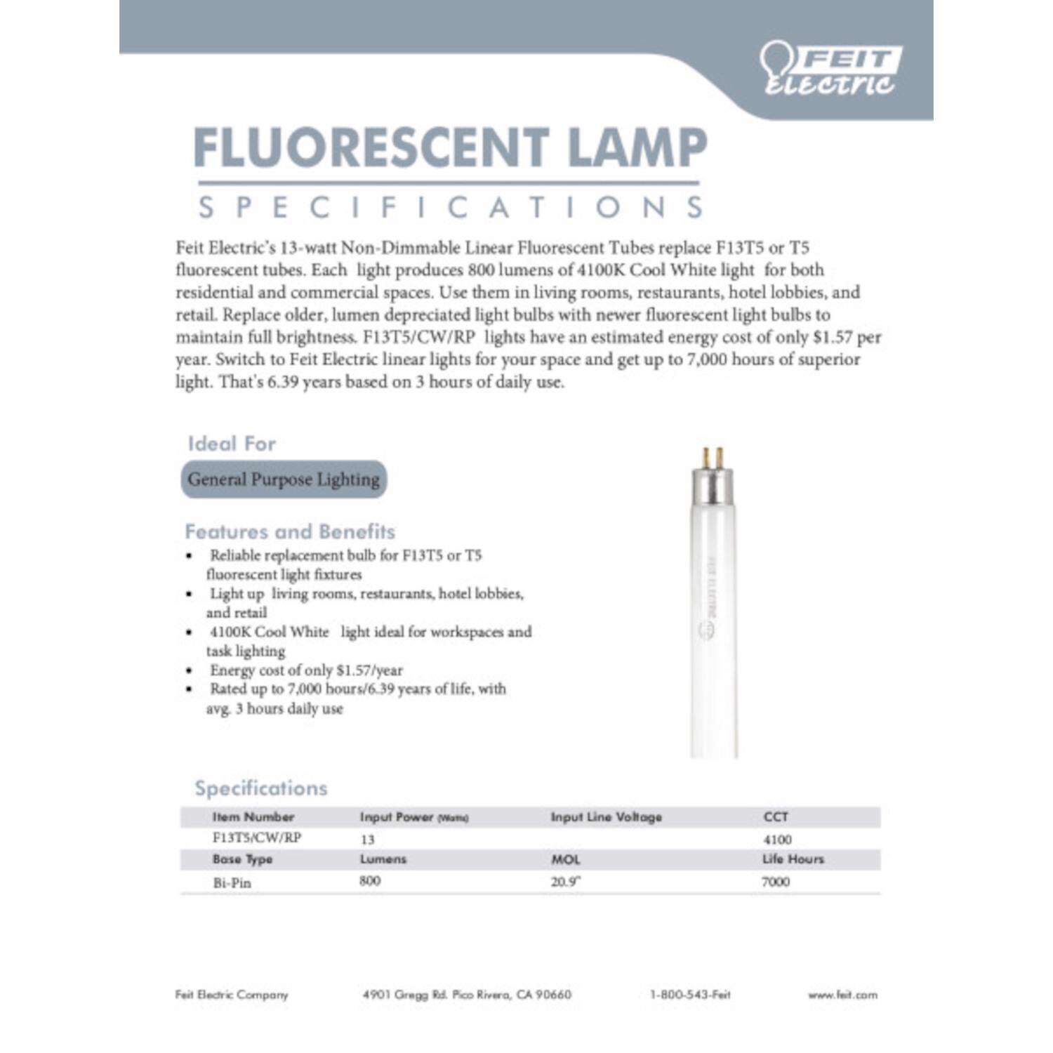 Feit Legacy Bulbs 13 W T5 0.7 in. D X 20.9 in. L Fluorescent Bulb Cool White Linear 4100 K 1 pk